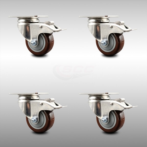 3 Inch 316SS Maroon Polyurethane Swivel Top Plate Caster Set Total Lock Brake